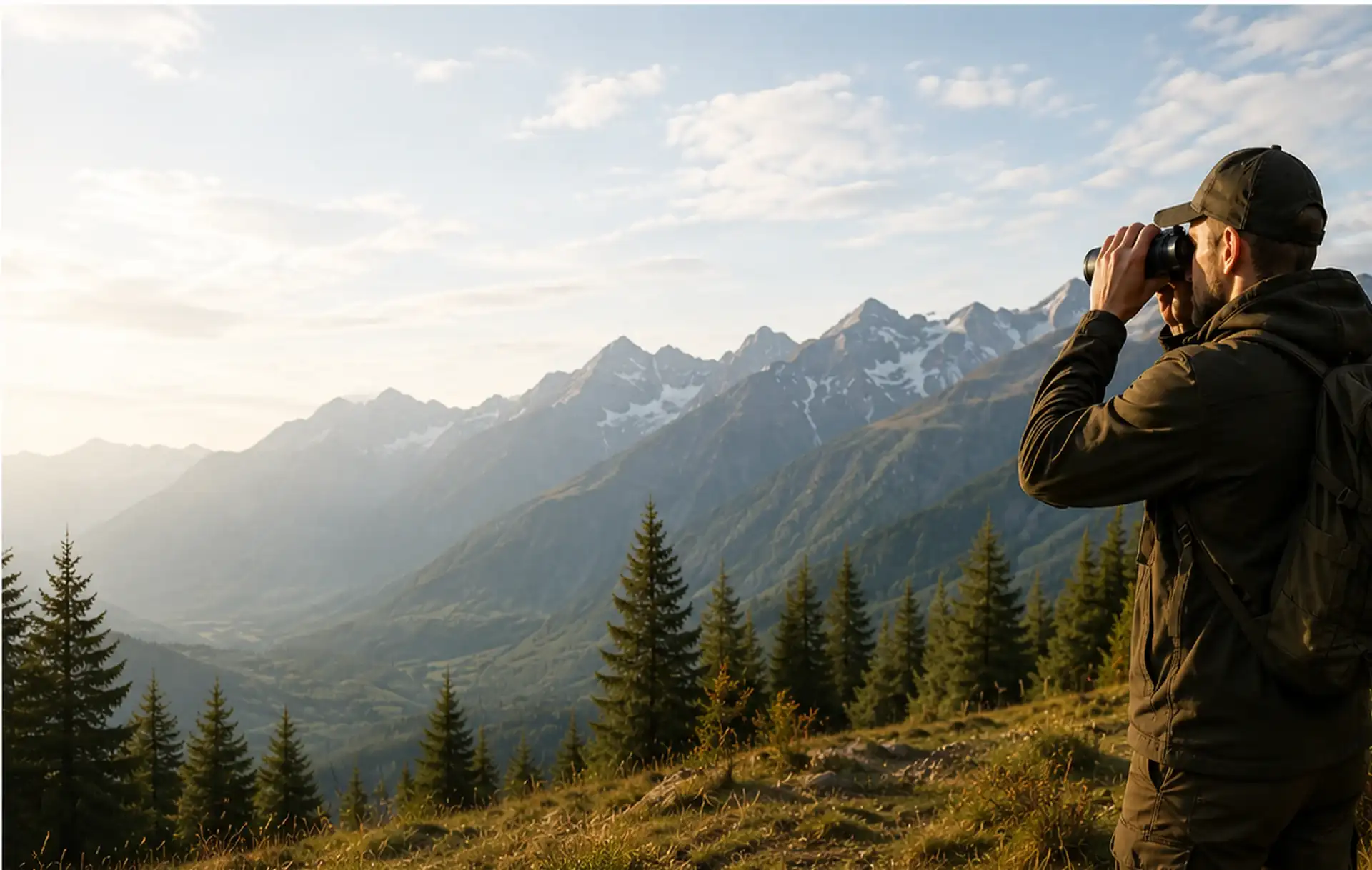 Mann beobachtet mit Fernglas eine Berglandschaft