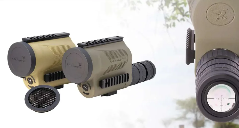 DDoptics DDMP Tactical Spotter in olive green and desert sand, with a close-up of the MIL reticle