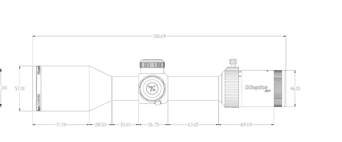 Technische Maßzeichnung des DDoptics NXT V10 2 bis 20 mal 50