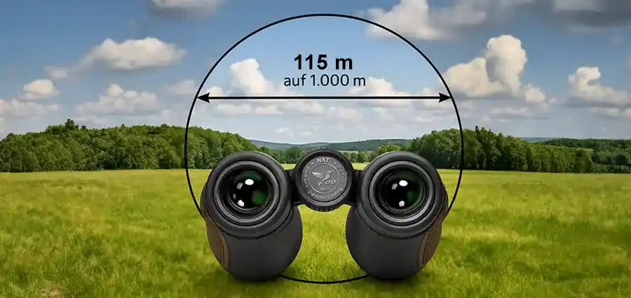 Sehfelddarstellung DDoptics NXT Fernglas 10x42 mit 115 m Sichtweite auf 1.000 m