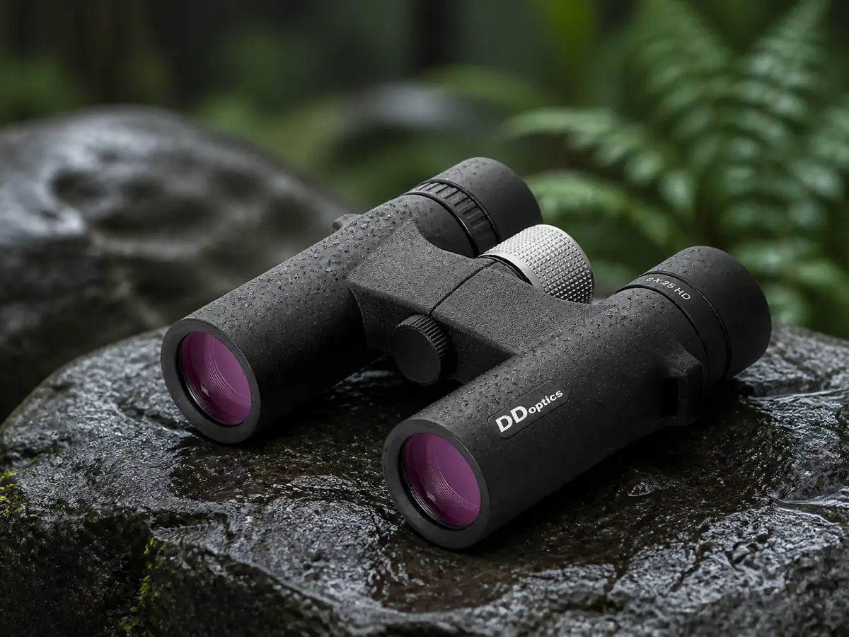 DDoptics LUX-HR Pocket ED Taschenfernglas mit Wassertropfen auf einem nassen Stein