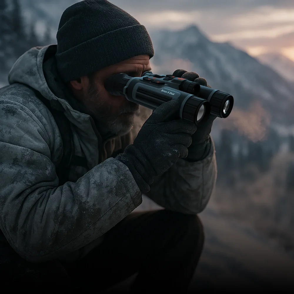 Observer with ATN BinoX 6 Dual in a mountain landscape