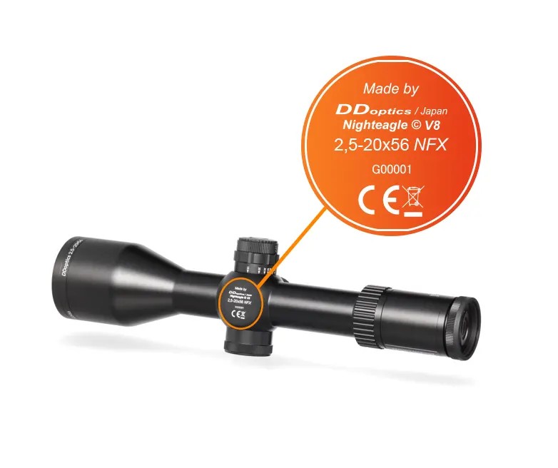 Erklärung der V8-Bezeichnung bei einem DDoptics Zielfernrohr 2,5-20x56 NFX anhand der Produktbeschriftung