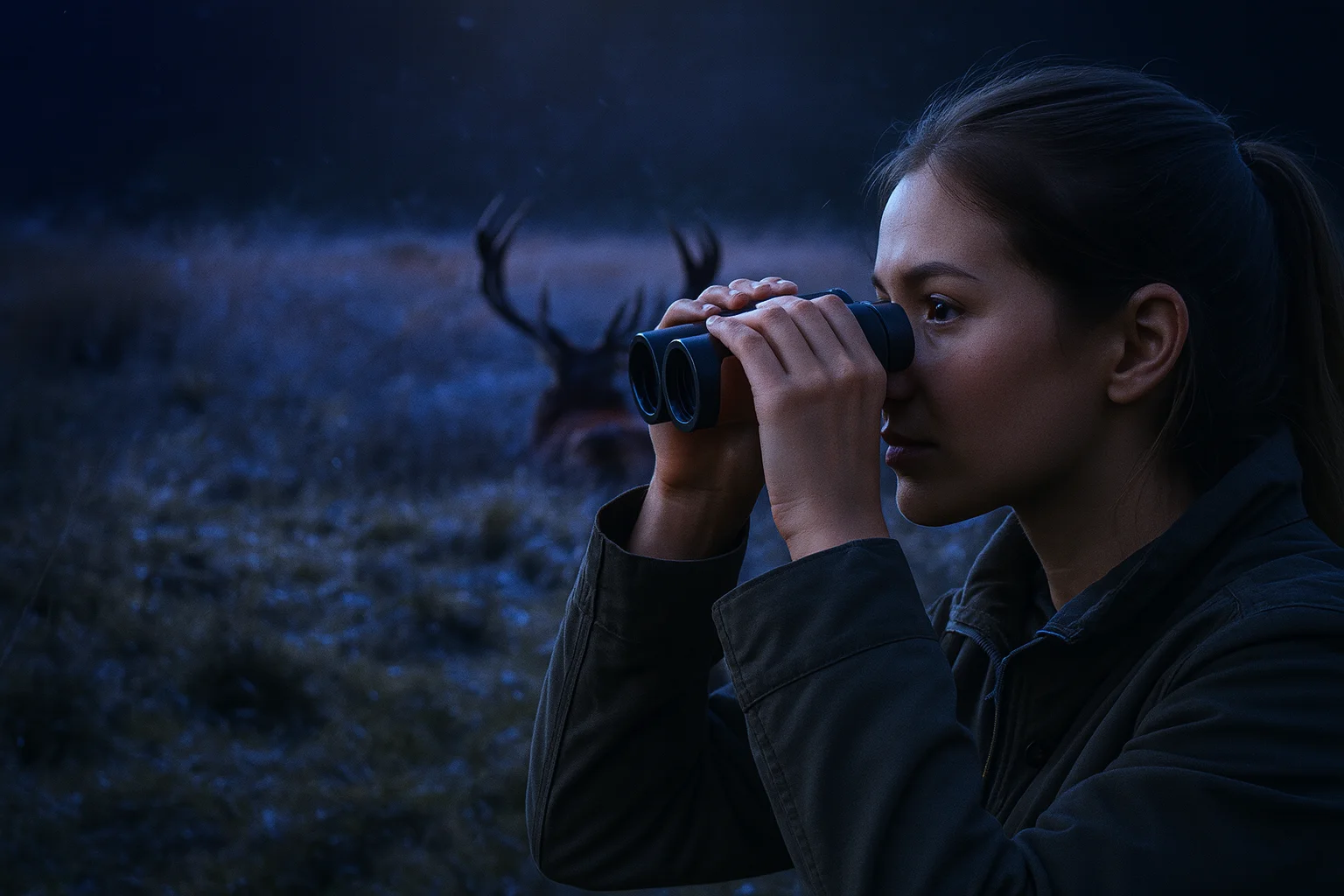 Jägerin bei der Nachtjagd mit Fernglas, Hirsch im Hintergrund