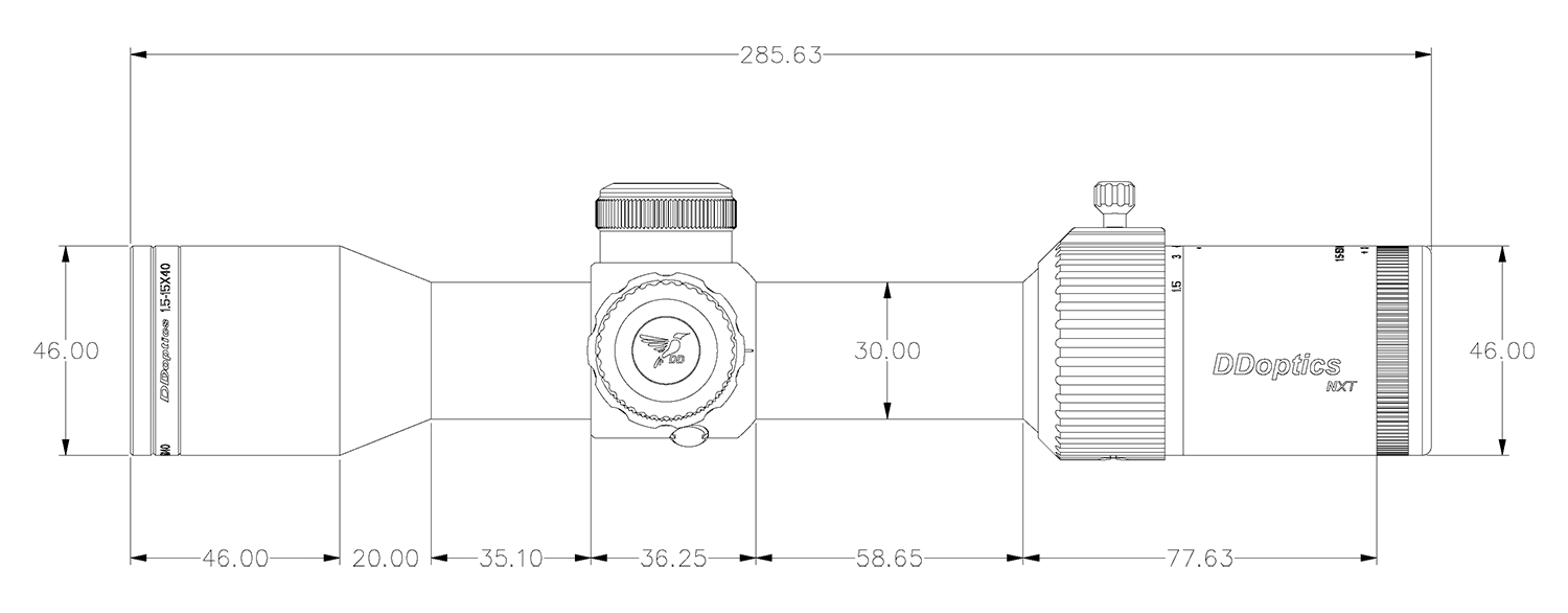 Technische Maßzeichnung des DDoptics NXT V10 1,5-15x40