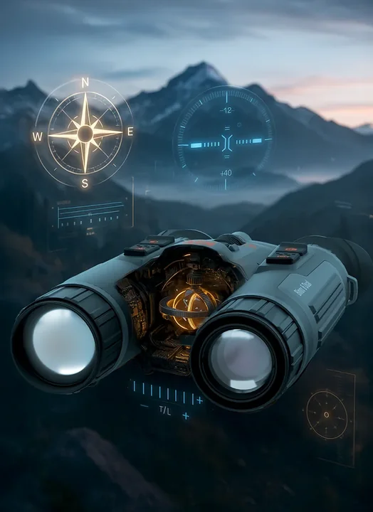 ATN manufacturer illustration of BinoX thermal binoculars with compass and gyroscope