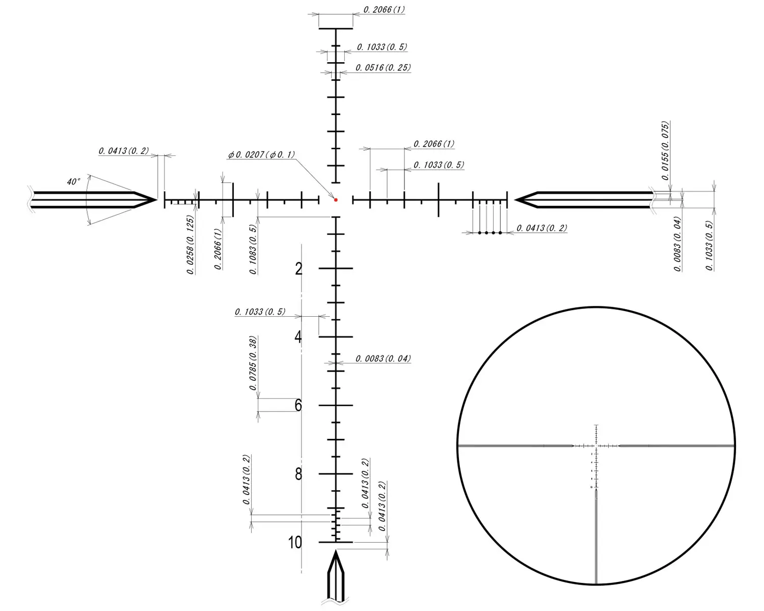 Long range rifle scope with TacA reticle