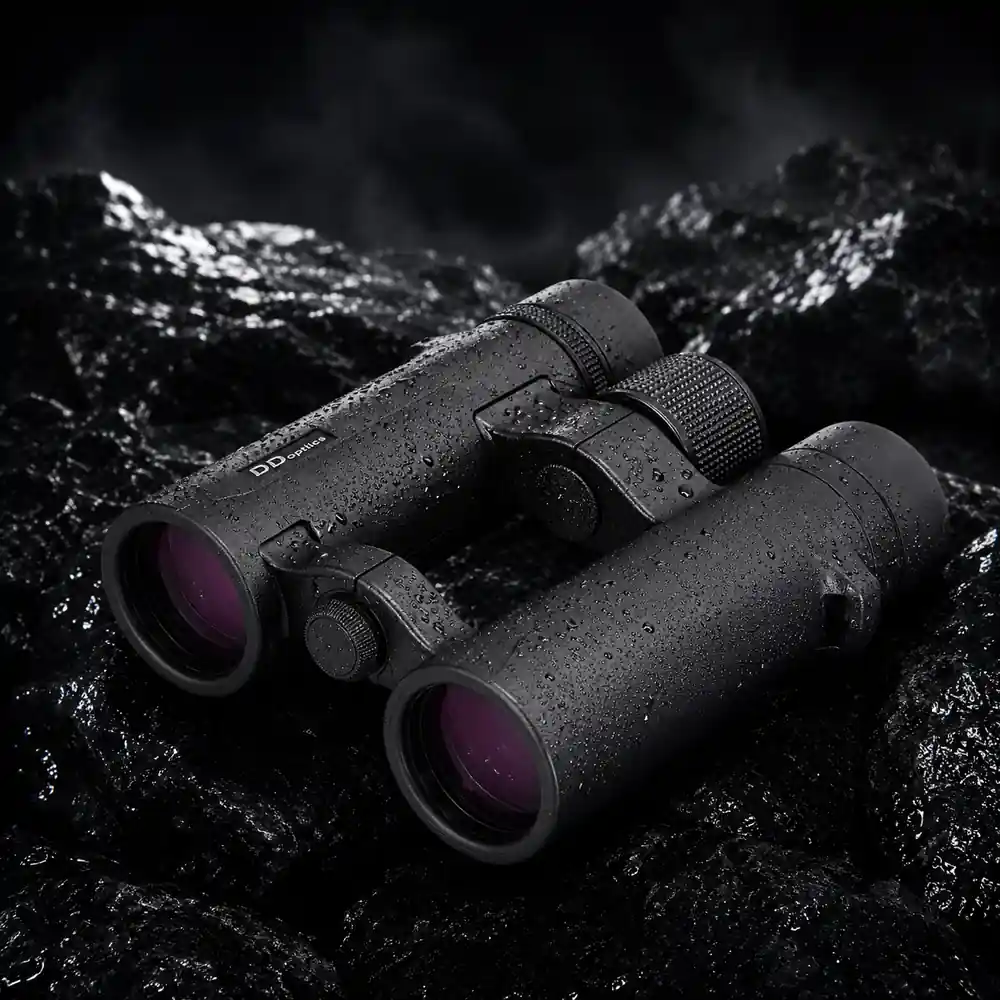 DDoptics ULTRAlight 8x34 Fernglas liegend auf schwarzen Steinen