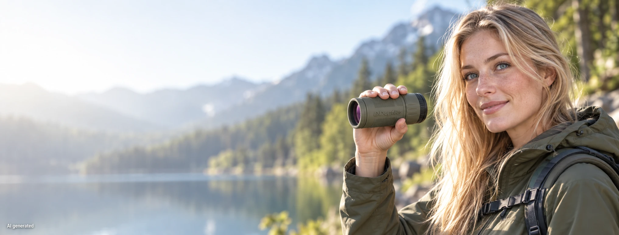 AI-generated outdoor scene: woman holding a DDoptics Monolite monocular by a mountain lake
