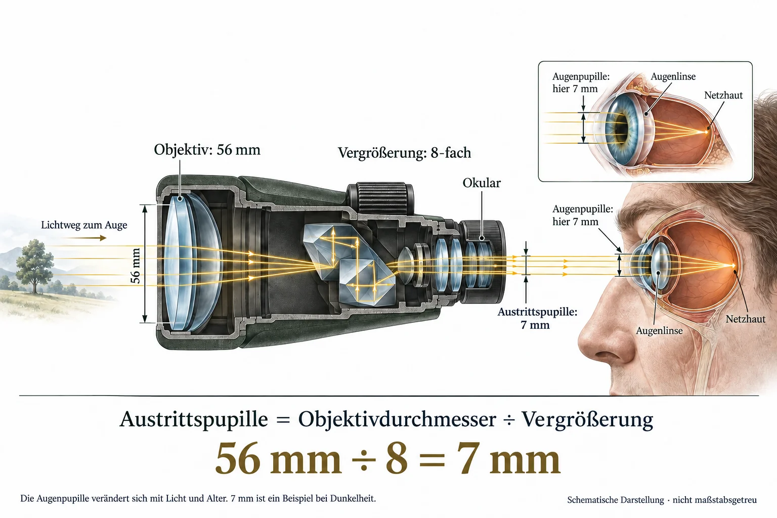 Schematischer Lichtweg vom 56-mm-Objektiv durch Prisma und Okular zum Auge: Bei achtfacher Vergrößerung beträgt die Austrittspupille 7 mm.