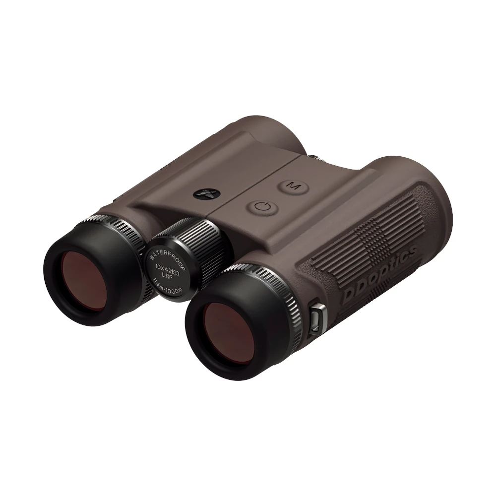 Brown UltraView ED 10x42 Range showing the eyepieces, central focus wheel and grippy rubber armour