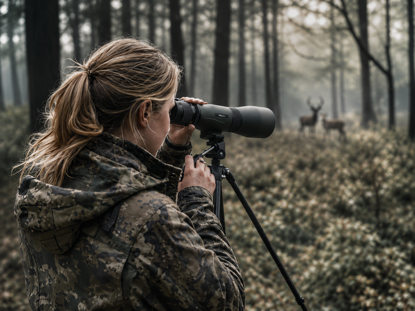 Beobachtungsszene im Wald mit einem DDoptics Spektiv auf einem Stativ